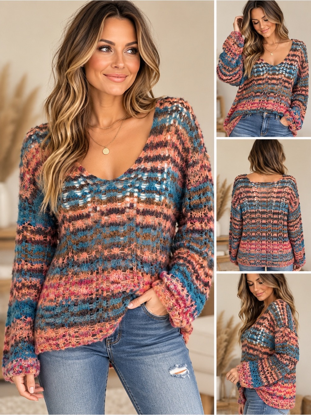 Free People Multicolor Striped V-Neck Sweater — Blue, Pink, Tan